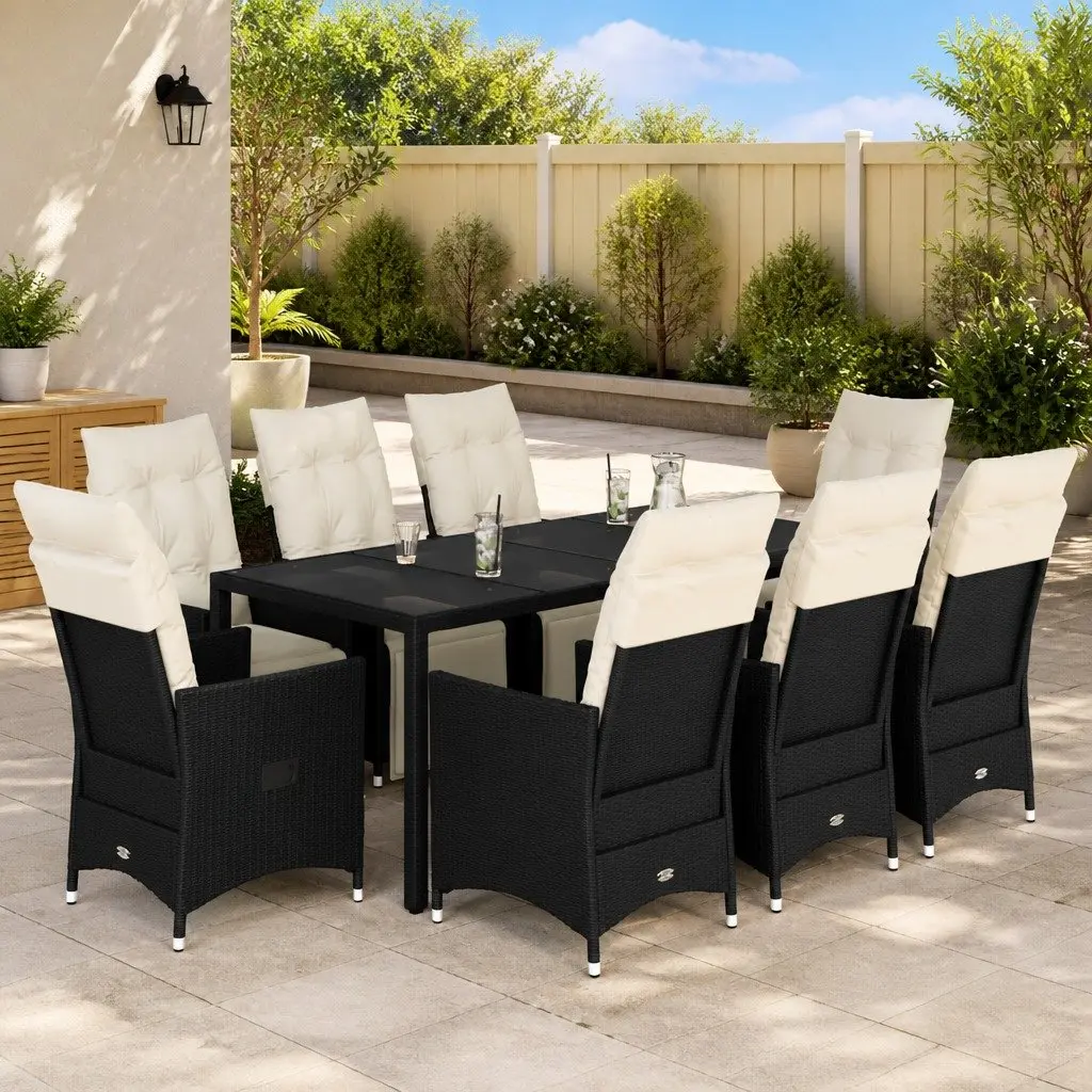 Outdoor Furniture Dining Set 9 Piece Rattan Table with Glass Top and Cushions