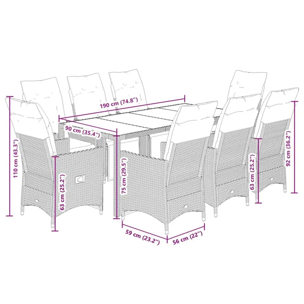 Outdoor Furniture Dining Set 9 Piece Rattan Table with Glass Top and Cushions