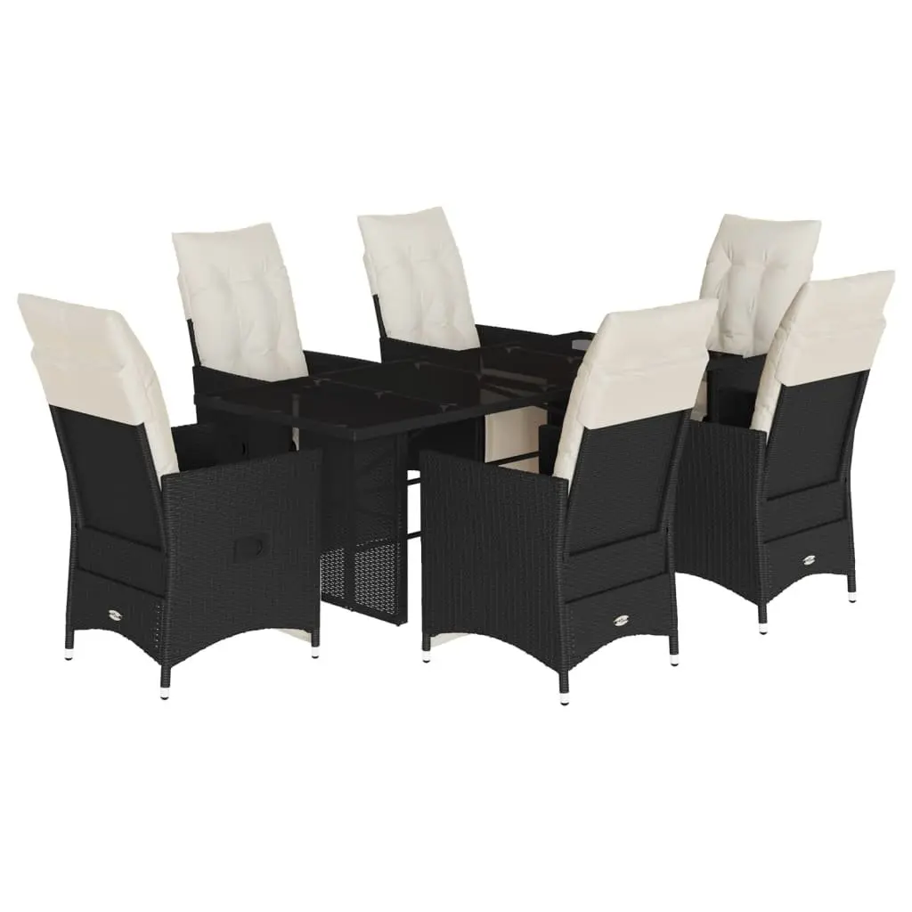 Outdoor Dining Set 7 Piece Garden Furniture Adjustable Backrest Cushions Tempered Glass Table Black
