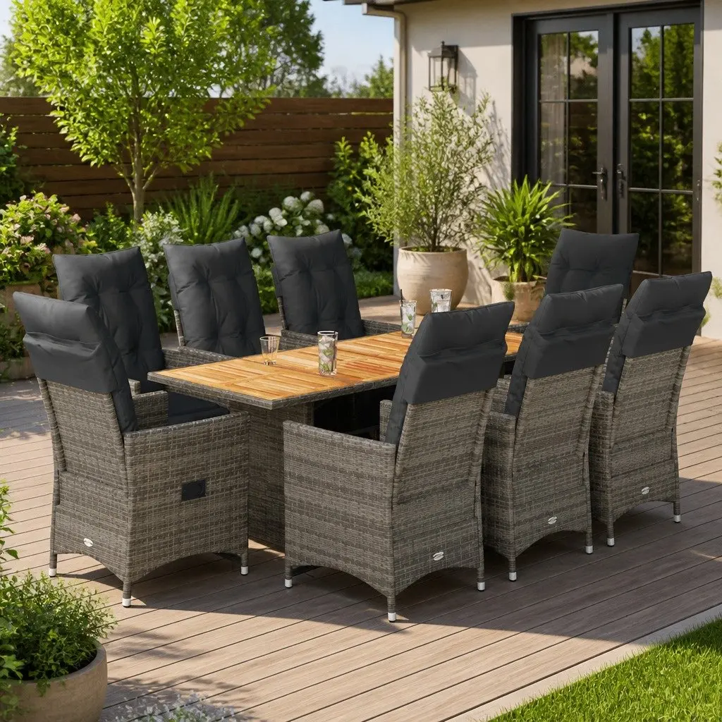 Garden Bistro Set 9 Piece Outdoor Furniture Grey Poly Rattan Adjustable Backrest and Footrest