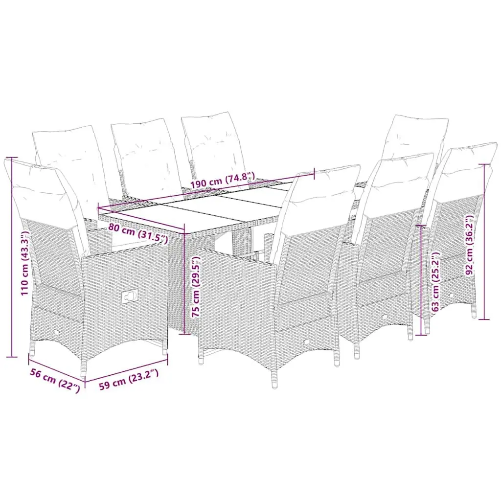 Garden Bistro Set 9 Piece Outdoor Furniture Grey Poly Rattan Adjustable Backrest and Footrest