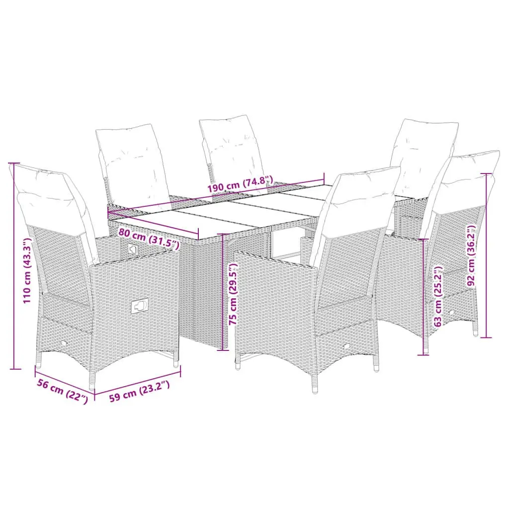 7 Piece Garden Bistro Set Grey Poly Rattan Outdoor Furniture with Cushions
