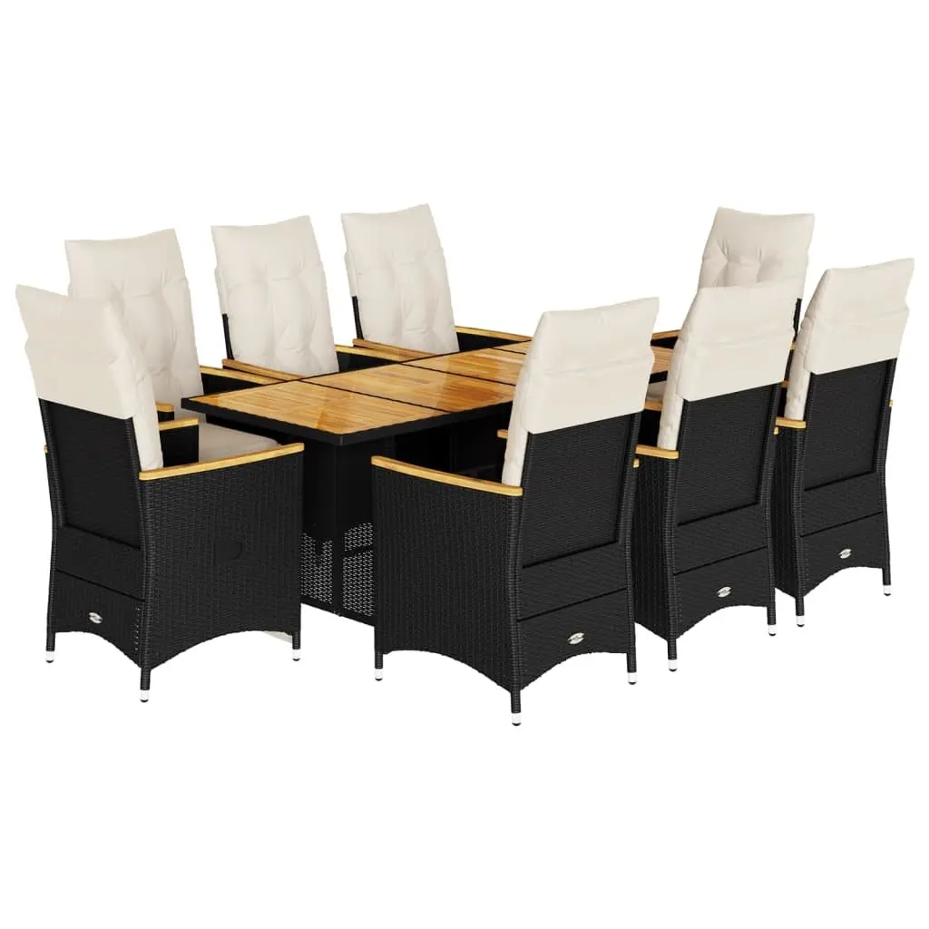 9 Piece Garden Bistro Set Black Poly Rattan with Cushions and Acacia Wood Tabletop