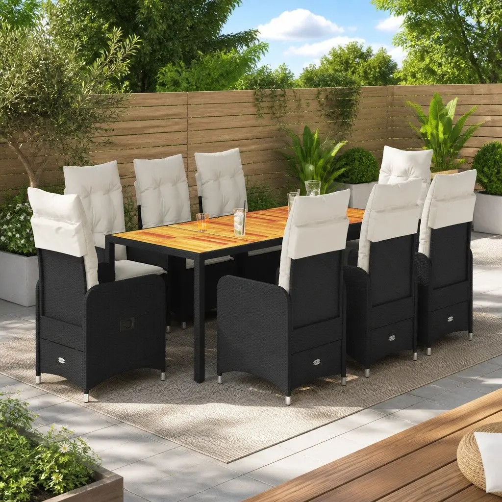 Bistro Set 9 Piece Outdoor Furniture Black Poly Rattan Chairs Table Padded Cushions
