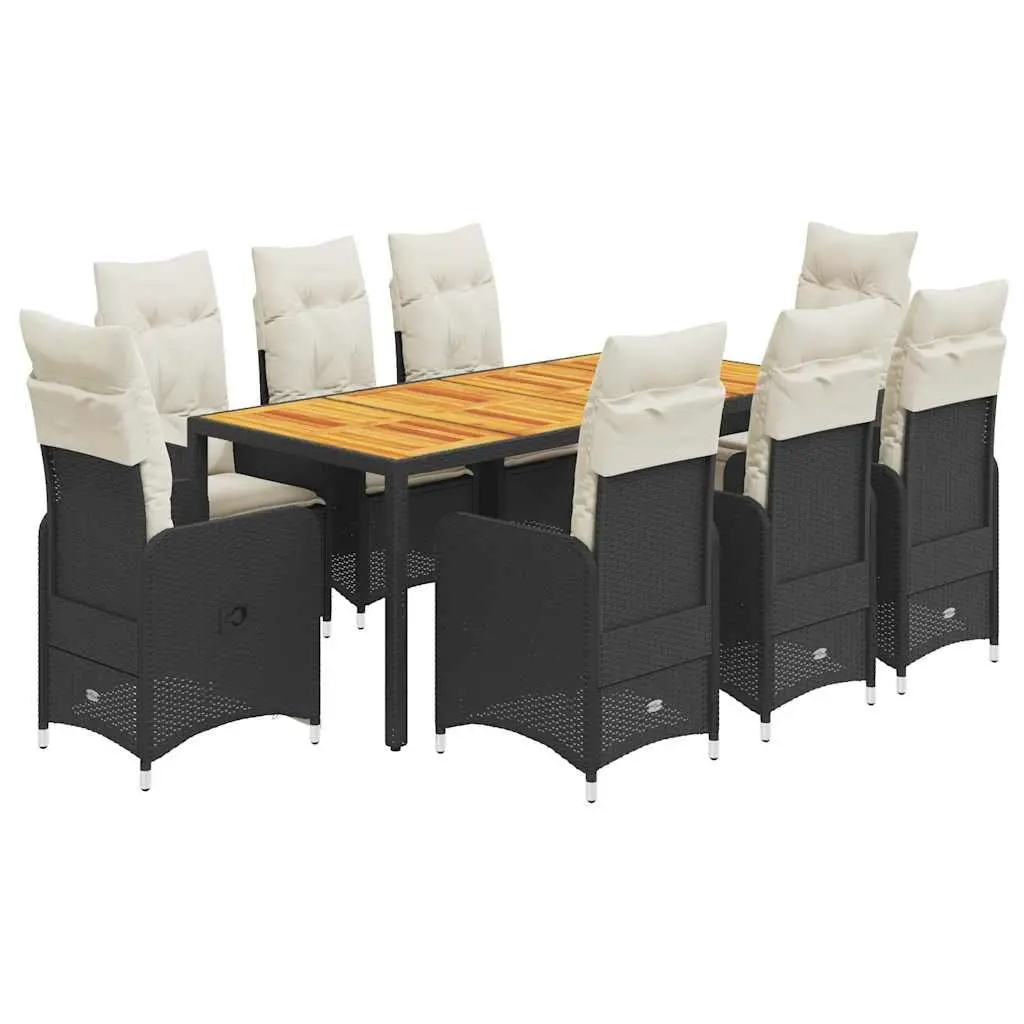Bistro Set 9 Piece Outdoor Furniture Black Poly Rattan Chairs Table Padded Cushions