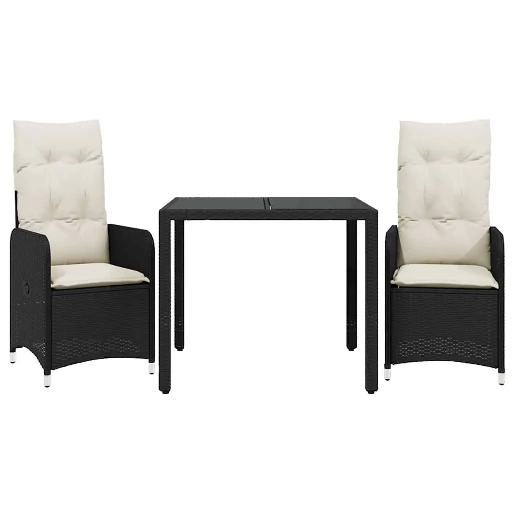 Outdoor Bistro Set 3 Piece Black Poly Rattan with Cushions Adjustable Backrest Tempered Glass Tabletop Weather Resistant
