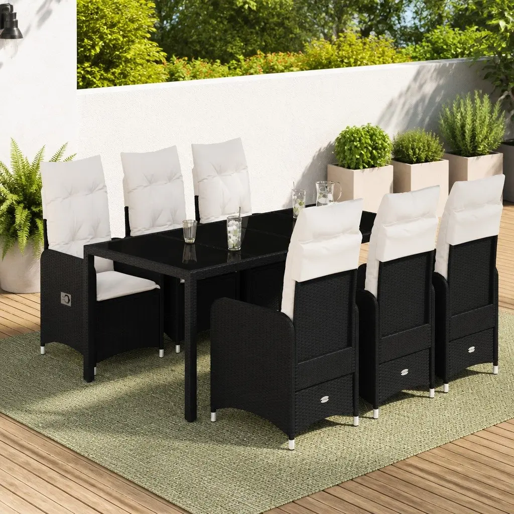 7 Piece Garden Bistro Set Black Poly Rattan Chairs Adjustable Backrest Tempered Glass Table