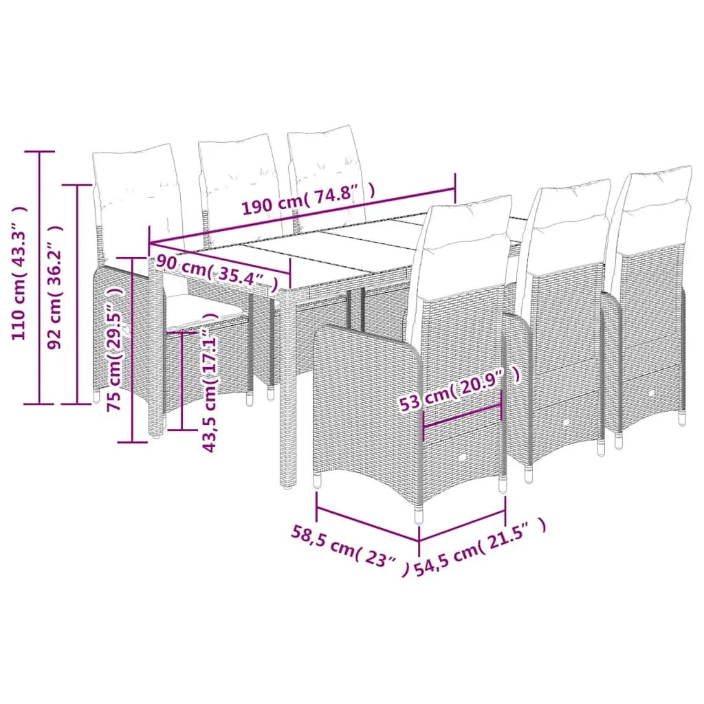 7 Piece Garden Bistro Set Black Poly Rattan Chairs Adjustable Backrest Tempered Glass Table