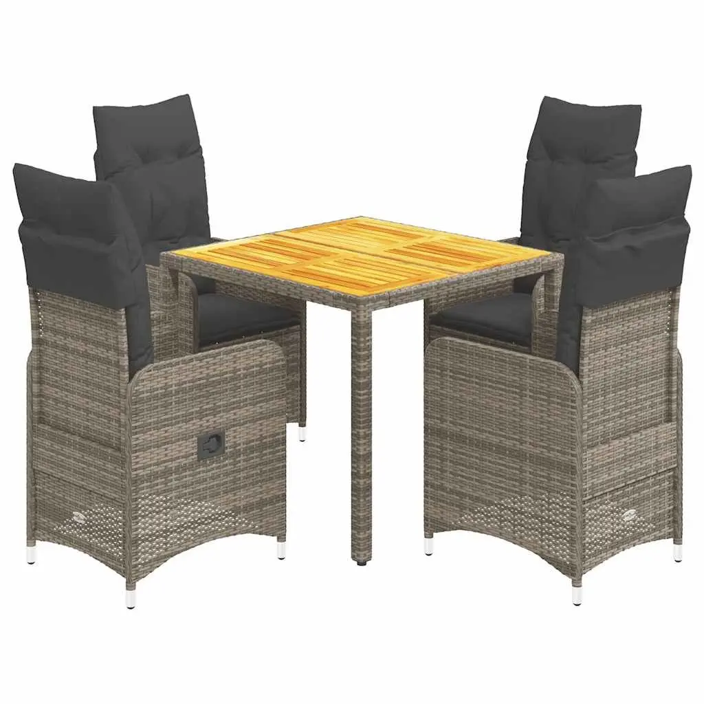 Grey 5 Piece Outdoor Bistro Set with Cushions Adjustable Backrests and Acacia Wood Table