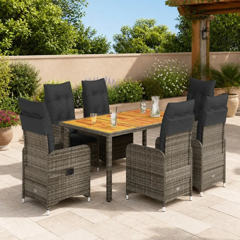 7 Piece Outdoor Bistro Set Grey Poly Rattan with Cushions Adjustable Backrest and Acacia Wood Table