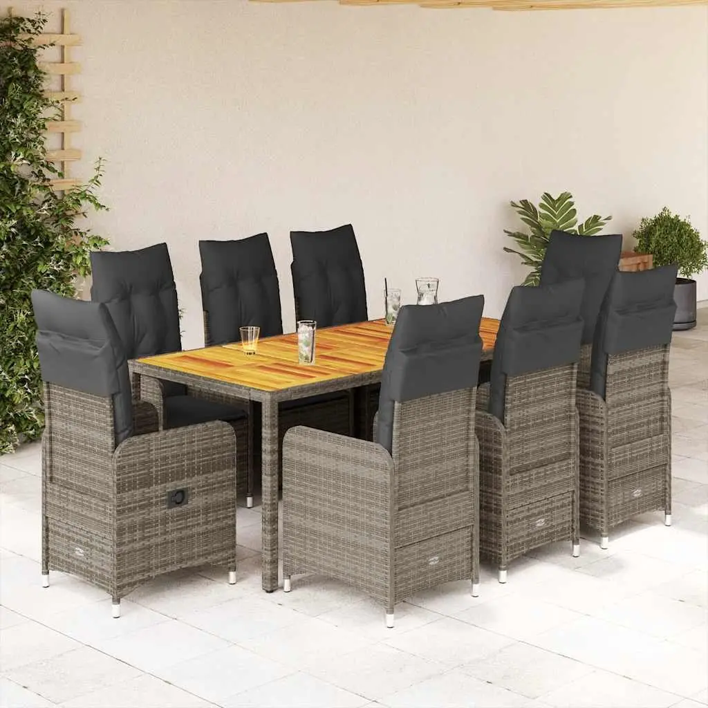 9 Piece Garden Bistro Set Grey PE Rattan with Adjustable Backrest and Cushions