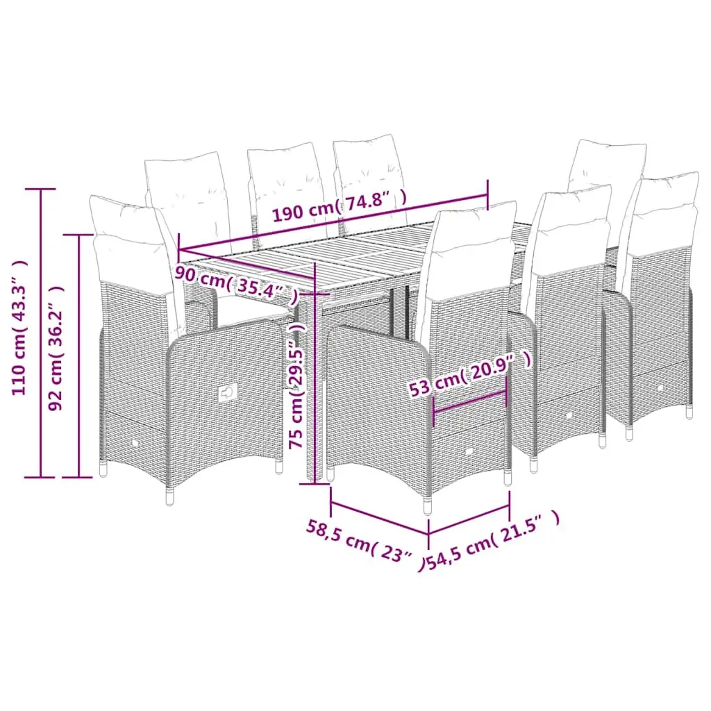 9 Piece Garden Bistro Set Grey PE Rattan with Adjustable Backrest and Cushions