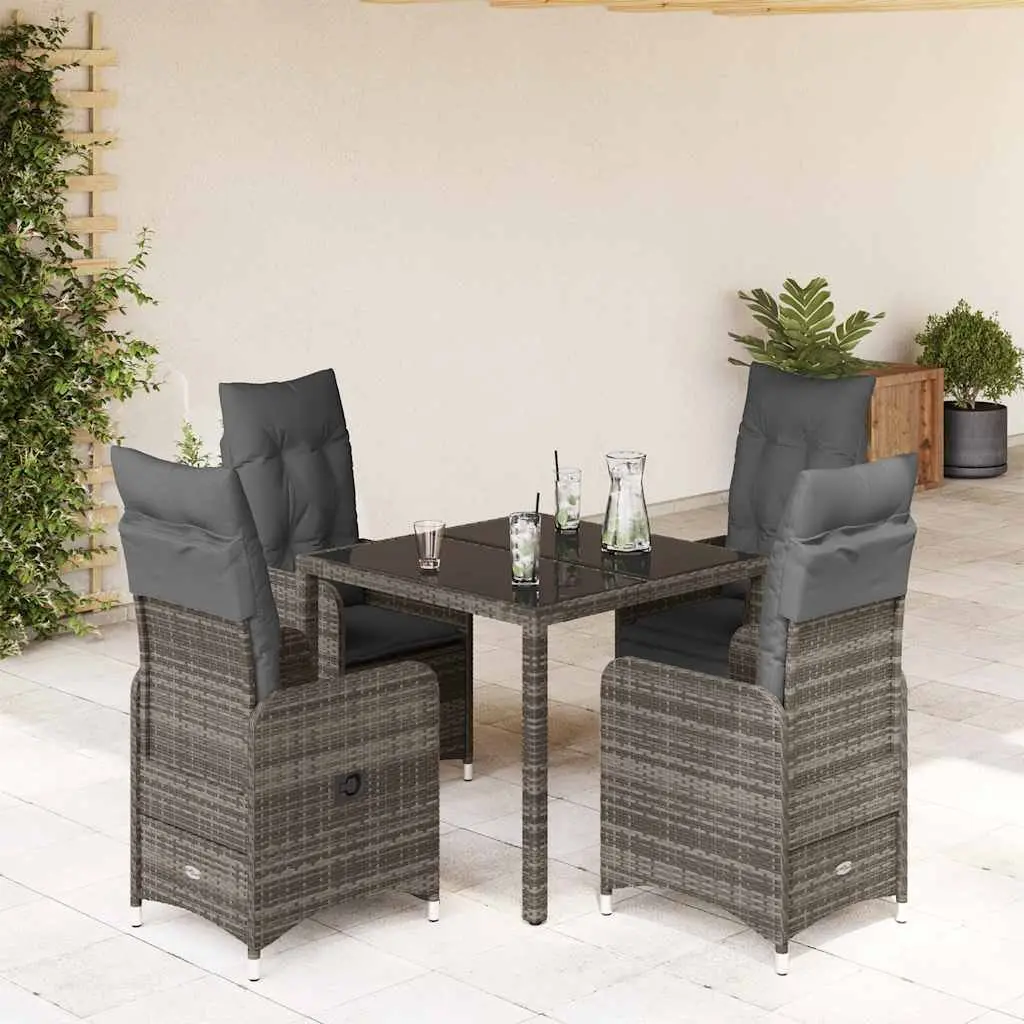 5 Piece Garden Bistro Set Outdoor Furniture Grey Poly Rattan Adjustable Backrest with Cushions and Glass Top Table