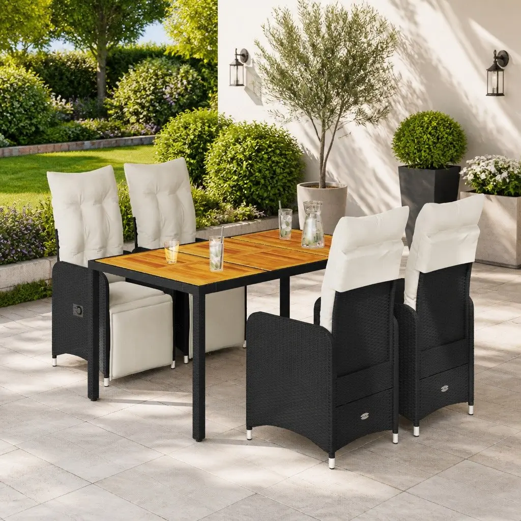 5 Piece Garden Bistro Set Outdoor Furniture Black Poly Rattan Adjustable Seating with Cushions