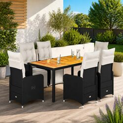 7 Piece Garden Bistro Set with Cushions in Black Rattan