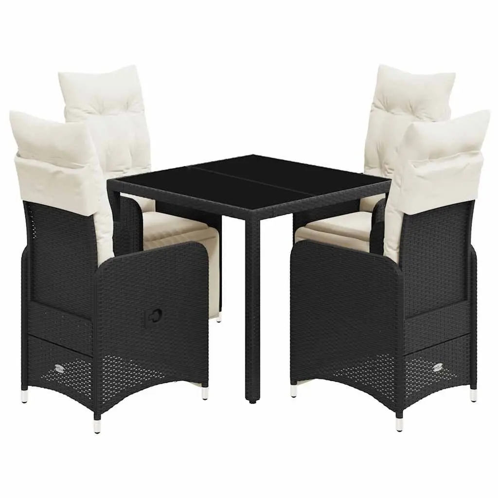 Garden Bistro Set 5 Piece Outdoor Furniture Black Poly Rattan with Cushions Adjustable Backrest and Footrest Tempered Glass Tabletop