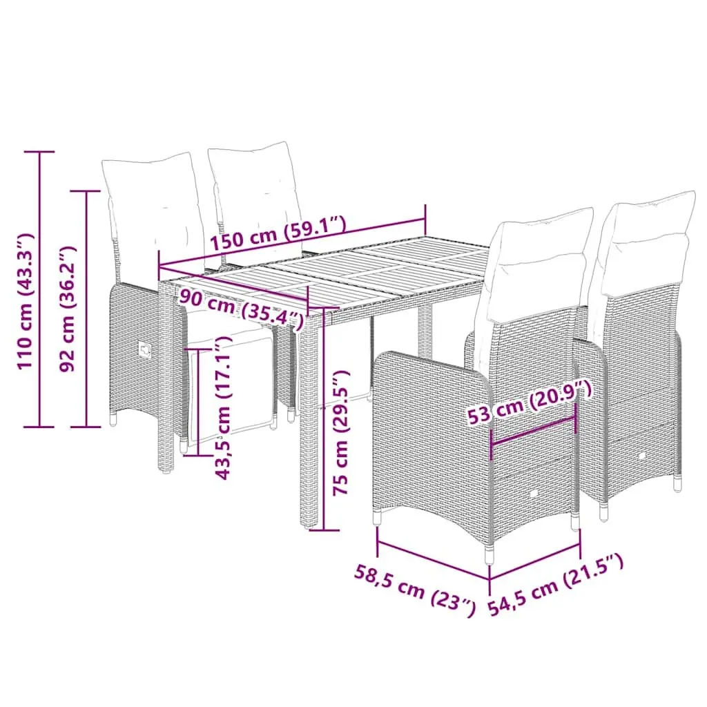 5 Piece Outdoor Bistro Set Cushioned Seating Black Poly Rattan Table and Chairs with Adjustable Backrest and Footrest