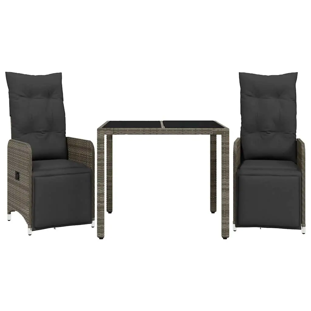 3 Piece Garden Furniture Set Grey Poly Rattan with Cushions and Adjustable Backrest