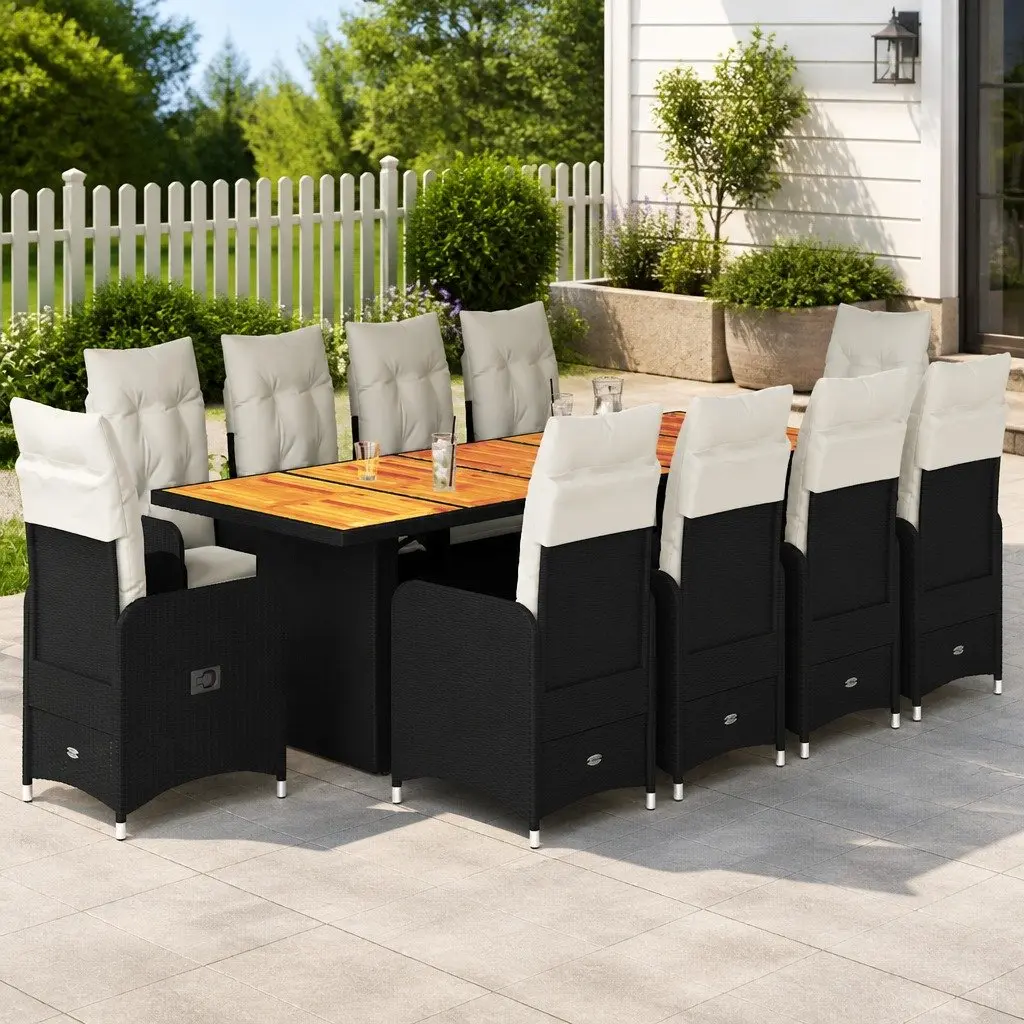11 Piece Garden Bistro Set with Cushions Black PE Rattan Outdoor Furniture