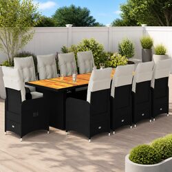 11 Piece Garden Bistro Set Outdoor Furniture with Cushions Black Poly Rattan
