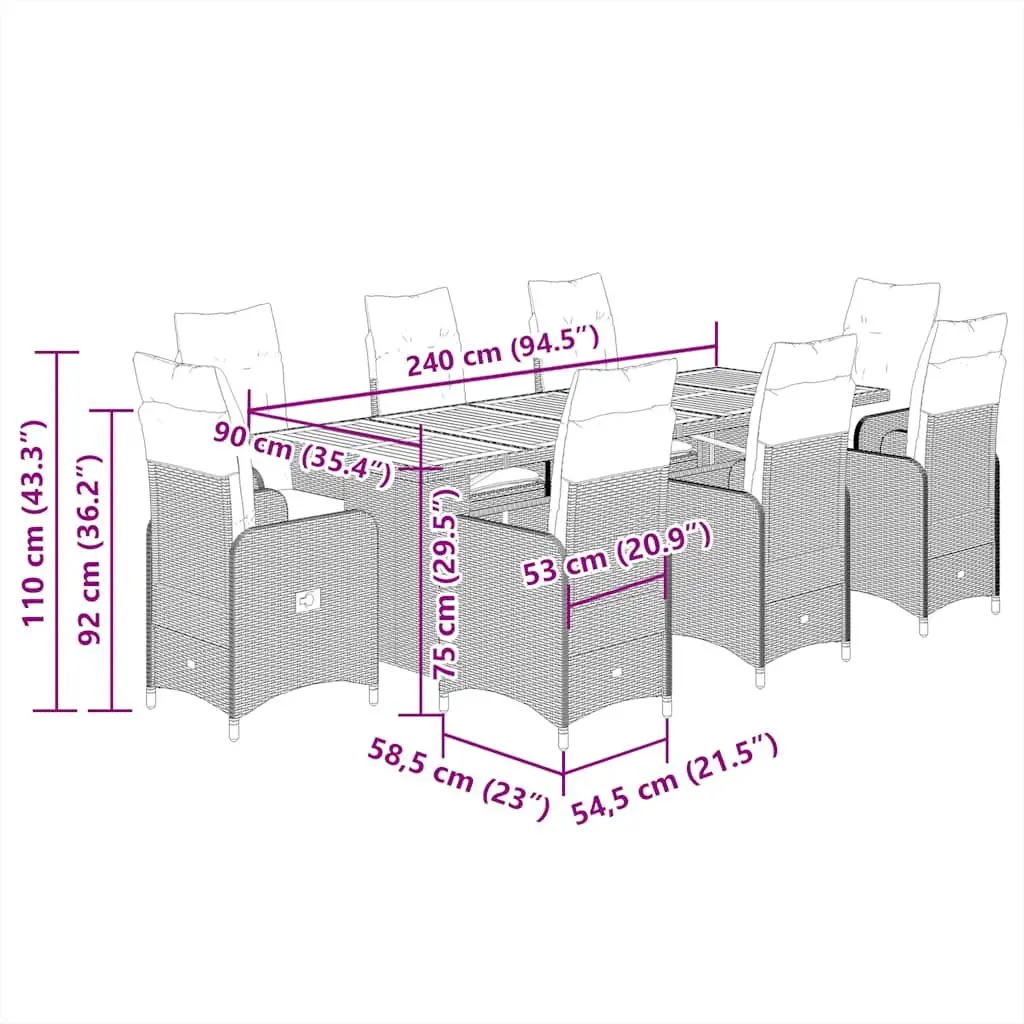 9 Piece Garden Bistro Set Outdoor Furniture Grey Poly Rattan Cushions
