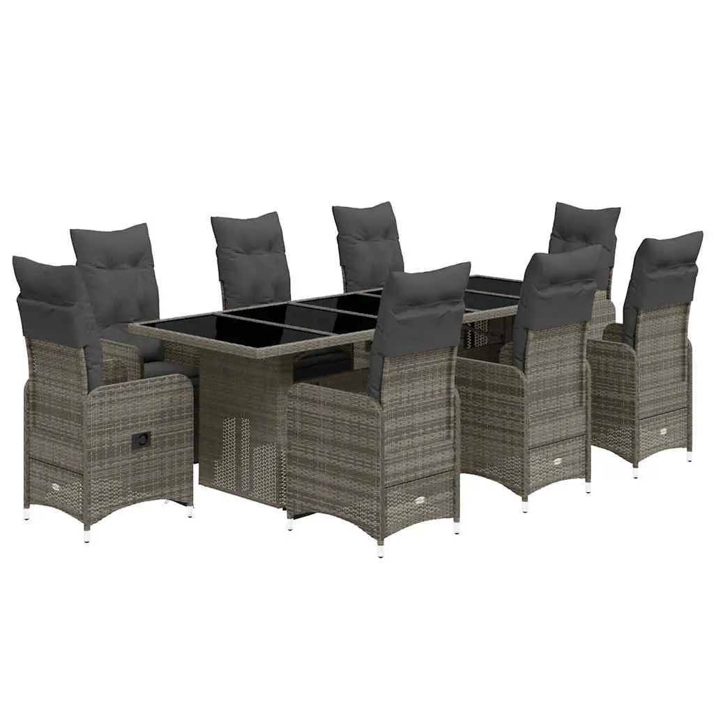 9 Piece Outdoor Garden Bistro Set Grey with Cushions and Reclining Chairs