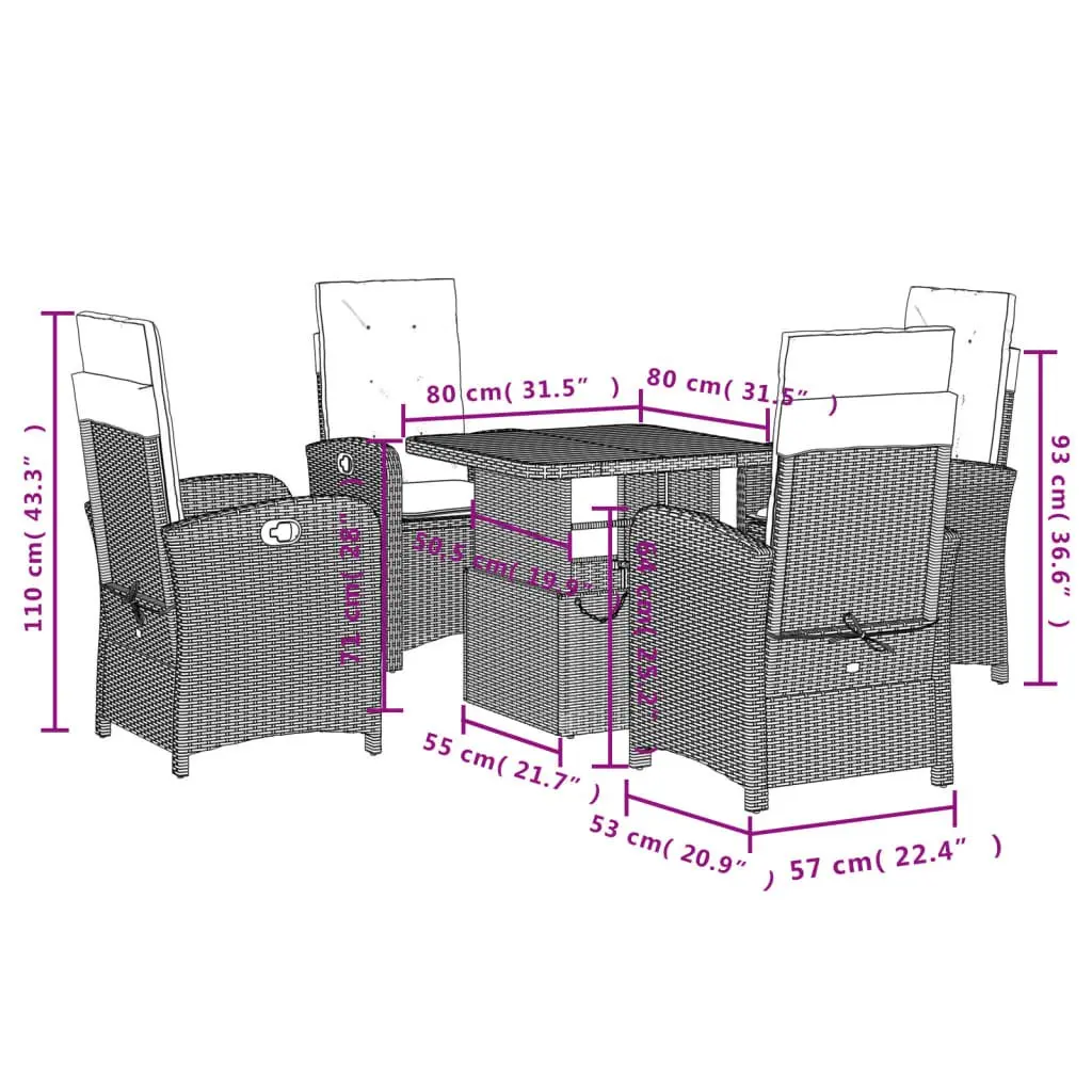 Garden Dining Set 5 Piece Black Rattan Adjustable Backrest Lift-Top Table with Cushions