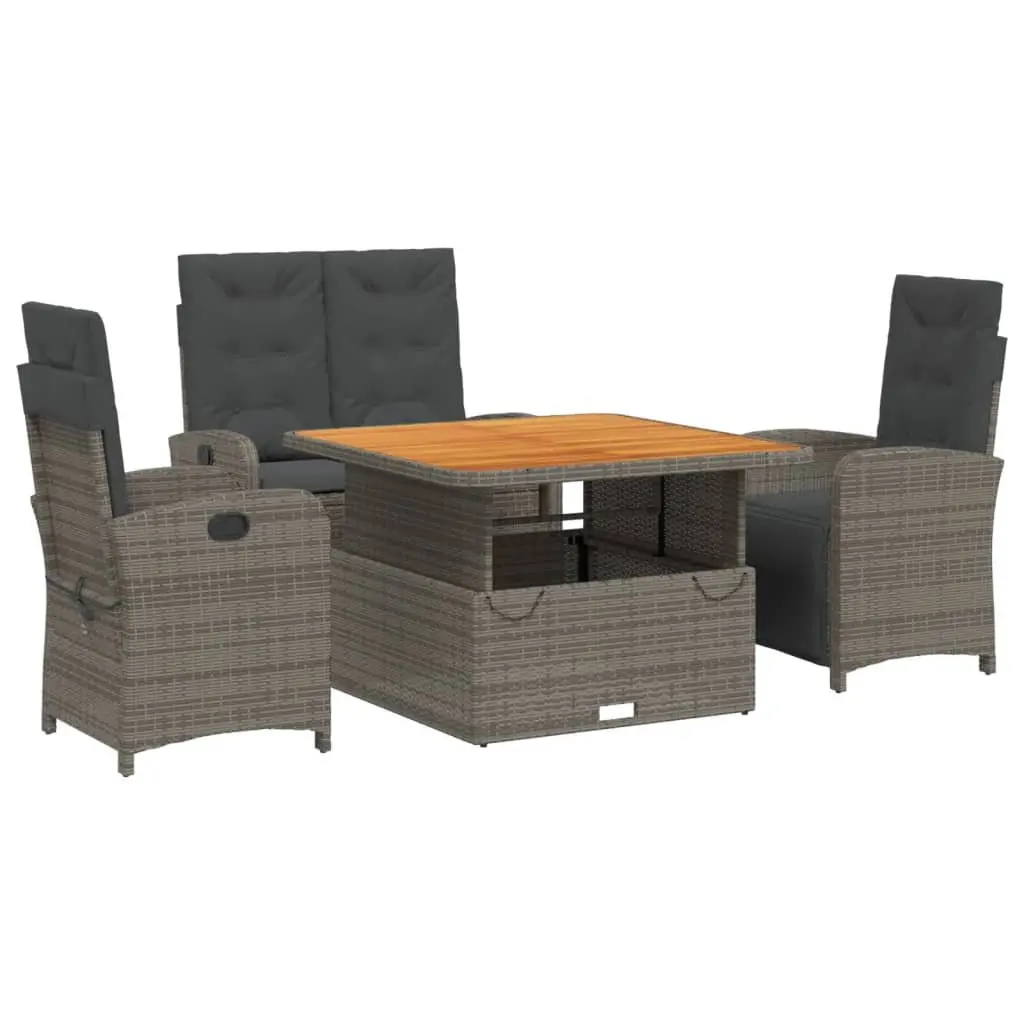 Garden Dining Set 4 Piece Grey Poly Rattan Adjustable Backrest Lifting Table