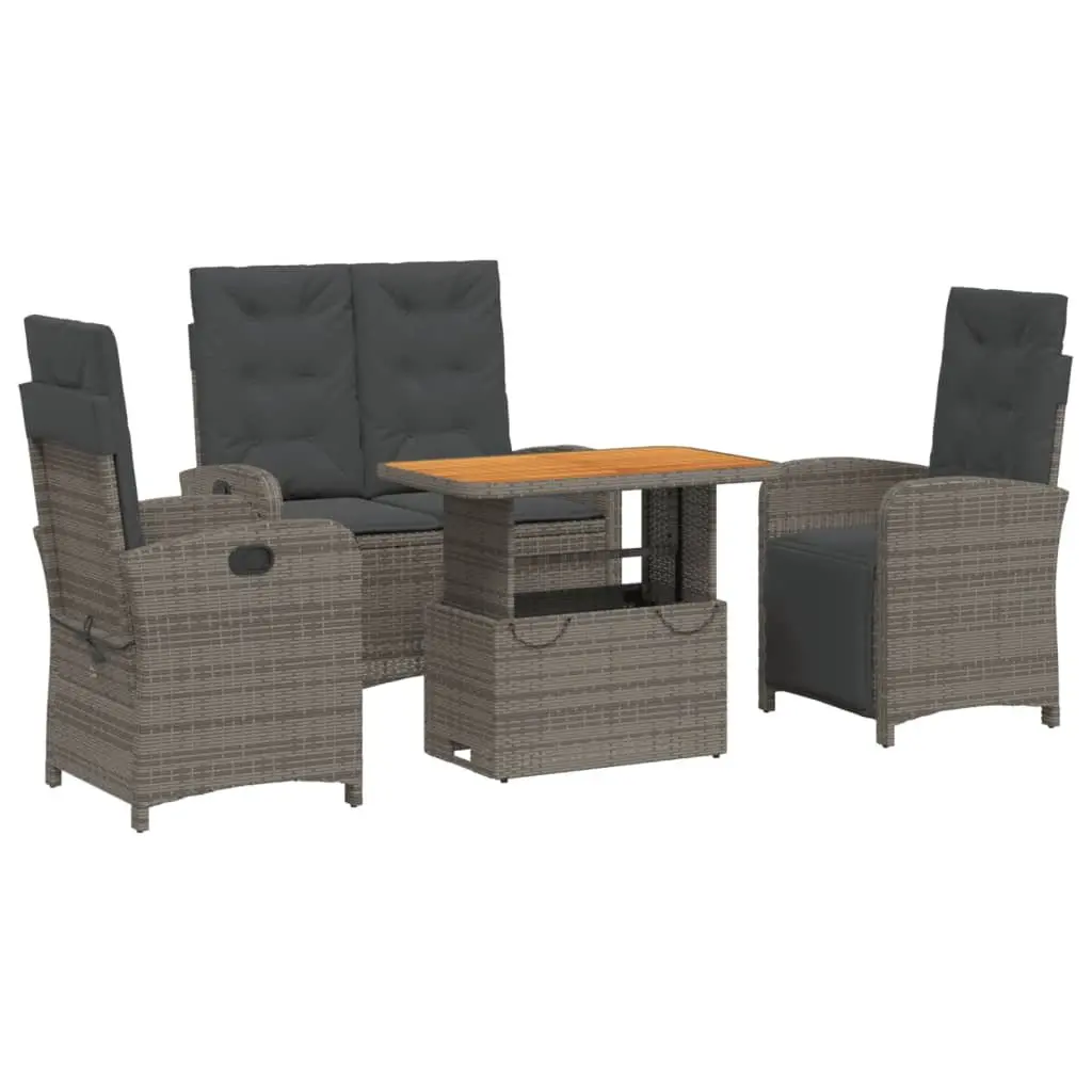 Garden Dining Set 4 Piece Grey Rattan Outdoor Furniture with Cushions and Adjustable Backrest