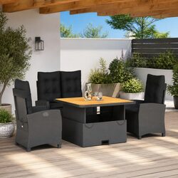 4 Piece Outdoor Dining Set Black Poly Rattan Garden Furniture with Cushions