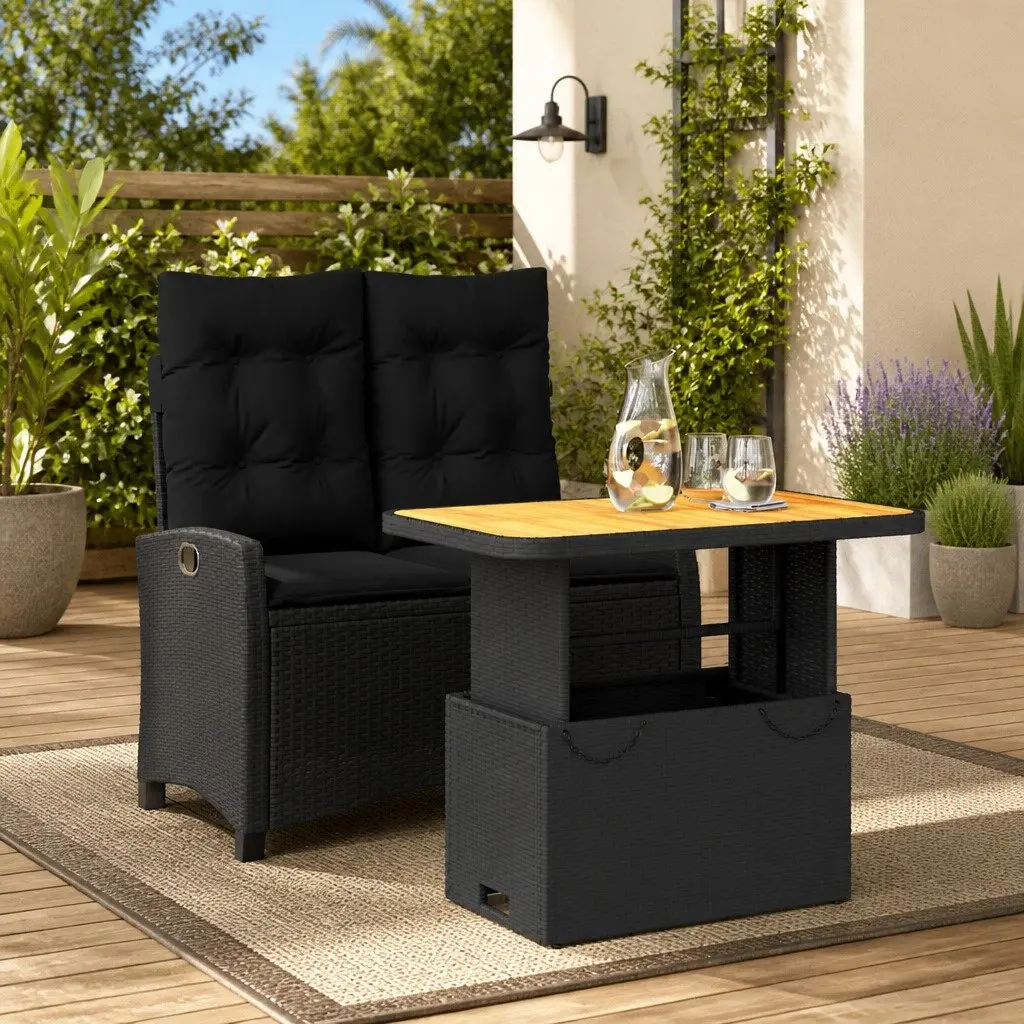 Garden Dining Set 2 Piece Adjustable Backrest Lift-Top Table Black Poly Rattan
