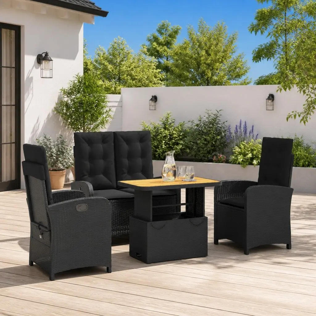 4 Piece Outdoor Dining Set Black PE Rattan with Adjustable Backrest and Convertible Tabletop