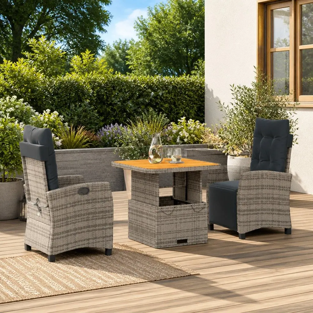 Garden Dining Set 3 Piece Grey Poly Rattan Adjustable Backrest Padded Cushions