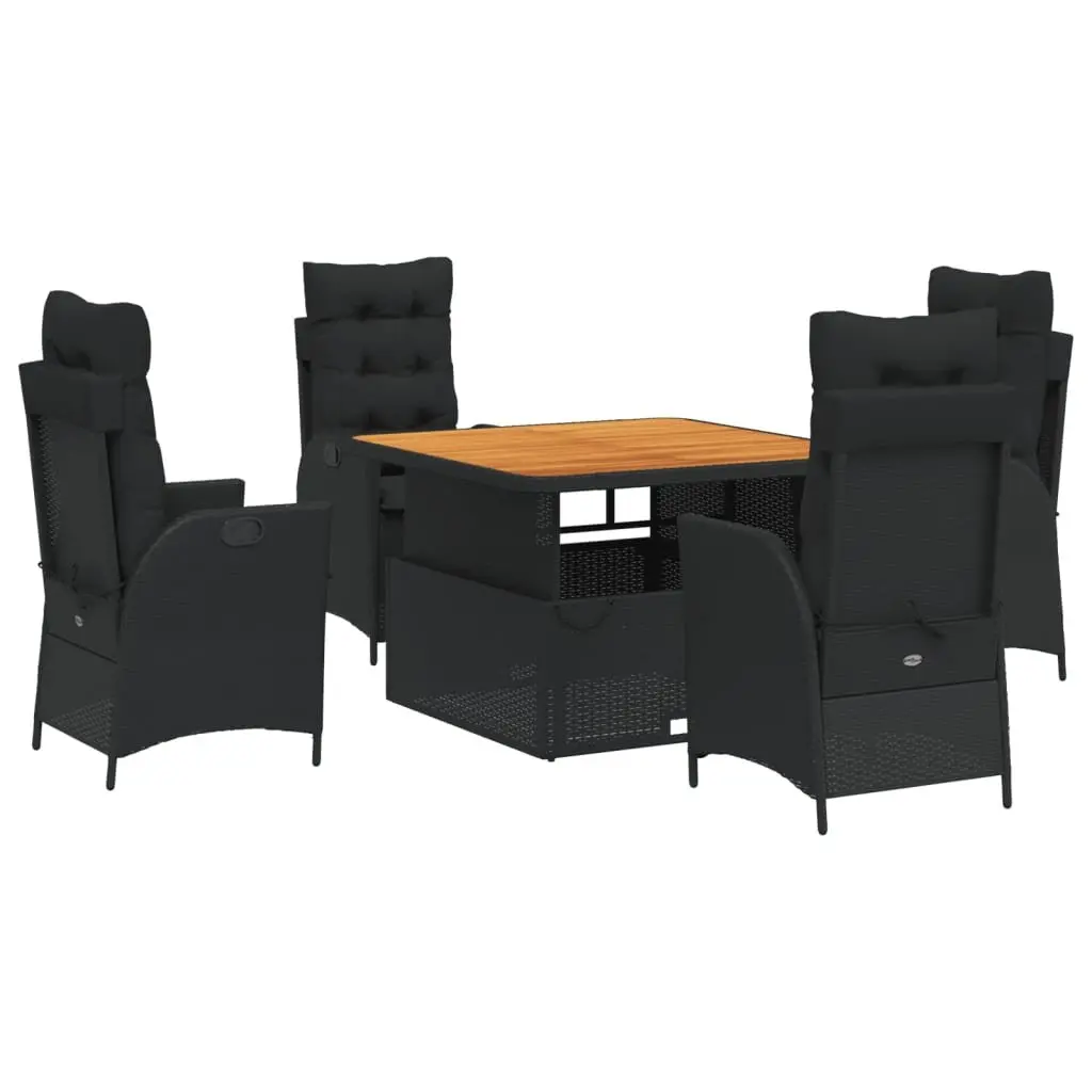 Garden Dining Set 5 Piece Outdoor Furniture Black Poly Rattan Adjustable Backrest and Tabletop with Cushions