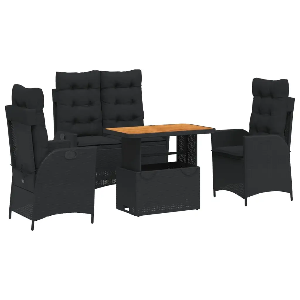 Garden Dining Set 4 Piece Black Poly Rattan Adjustable Backrest Lift-Top Table Removable Cushions