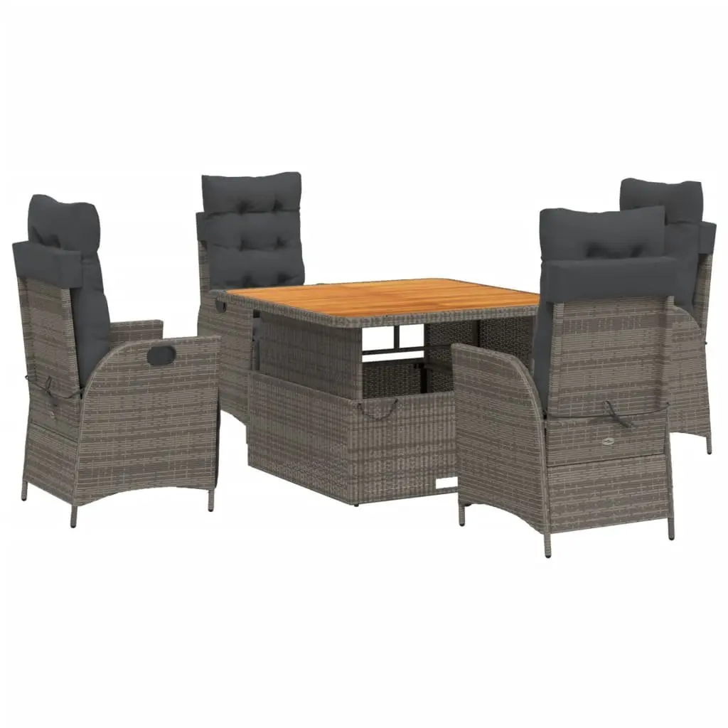 Garden Dining Set 5 Piece Outdoor Furniture Adjustable Backrest Poly Rattan Grey Cushions