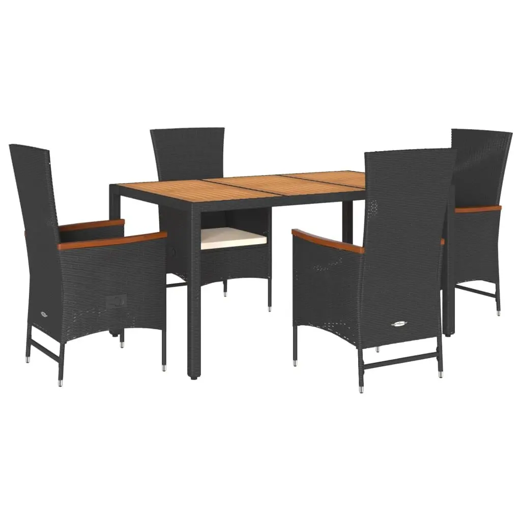 Outdoor Furniture Set 5 Piece Cushioned Black Poly Rattan Garden Dining with Adjustable Backrest and Acacia Wood Table Top