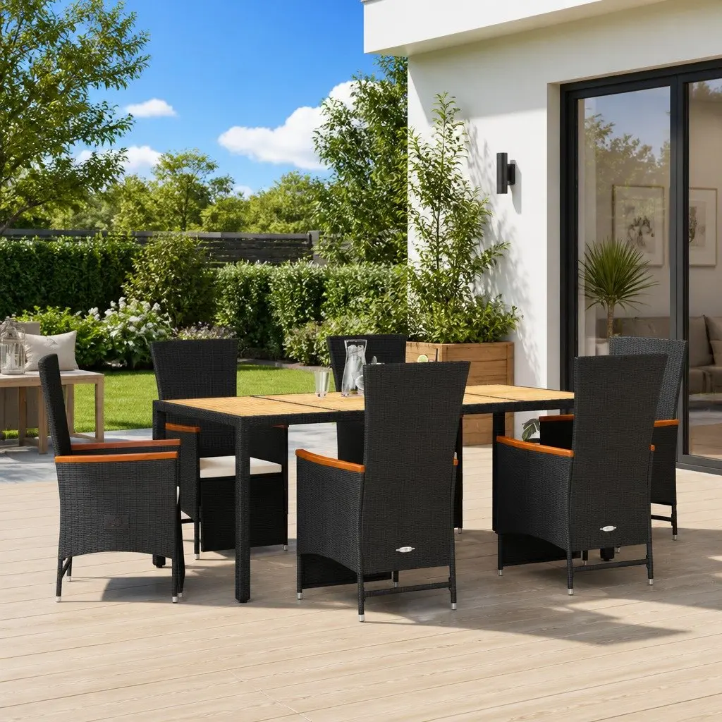 Outdoor Dining Set 7 Piece Black PE Rattan Garden Furniture with Cushions