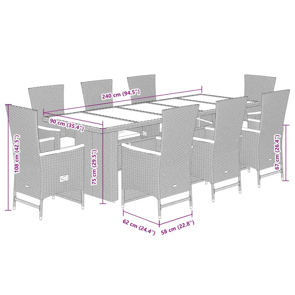 Outdoor Dining Set 9 Piece Black Poly Rattan Cushioned Garden Furniture