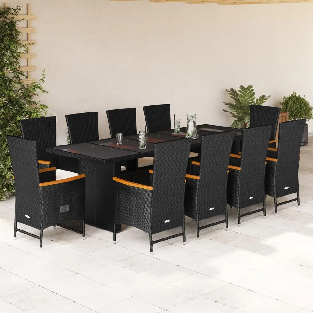 Outdoor Dining Set 11 Piece PE Rattan Black Cushions Adjustable Backrest Tempered Glass Tabletop
