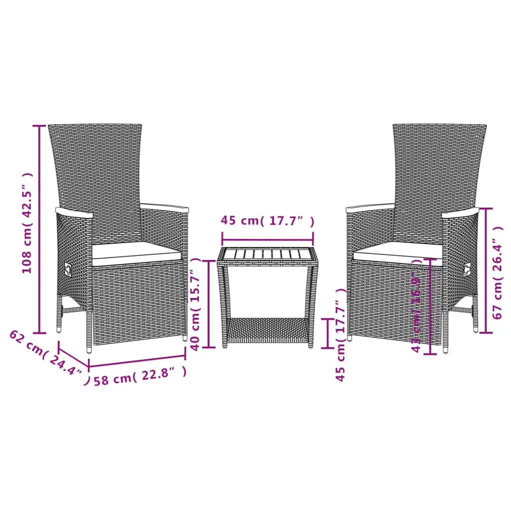 3 Piece Garden Dining Set with Adjustable Backrest Black Poly Rattan Furniture and Cushions for Outdoor Use