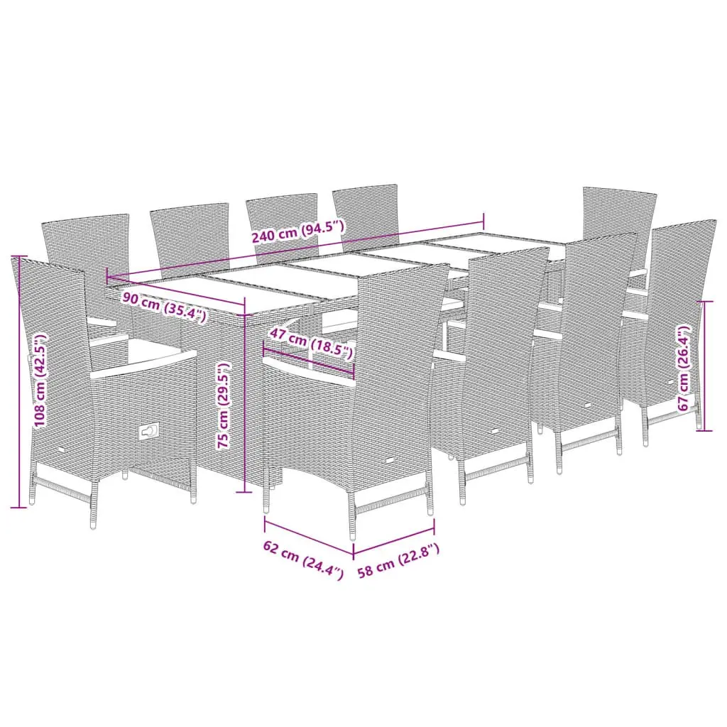 11 Piece Garden Dining Set Grey PE Rattan Outdoor Furniture Adjustable Backrest Cushions