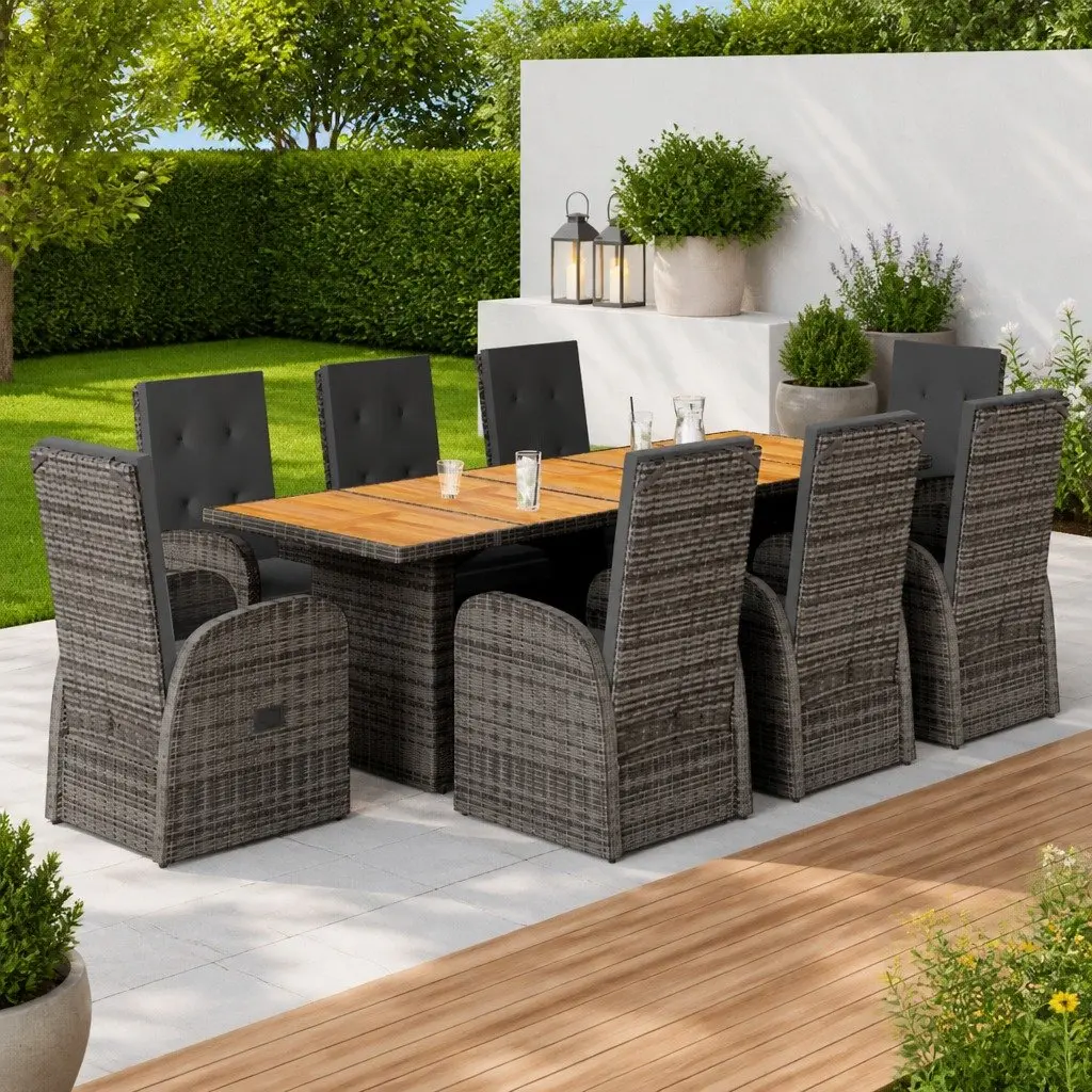 Garden Dining Set 9 Piece Outdoor Patio Furniture Grey PE Rattan Acacia Wood Table Adjustable Backrest Cushions