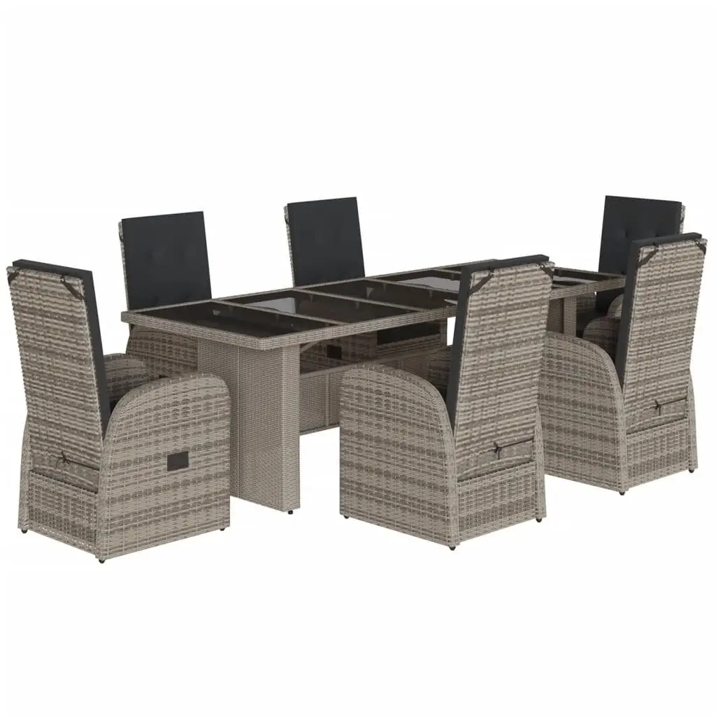 Garden Dining Set 7 Piece Grey Poly Rattan Outdoor Furniture with Adjustable Backrest and Tempered Glass Table Top