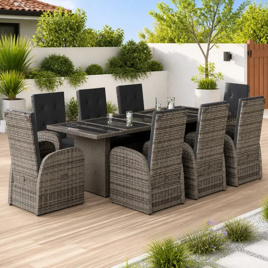 9 Piece Outdoor Dining Set Grey Poly Rattan with Adjustable Backrest Cushions and Tempered Glass Tabletop