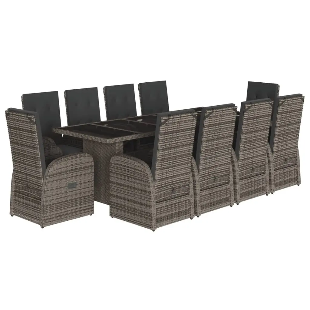 Garden Dining Set 11 Piece Grey Poly Rattan Outdoor Furniture Adjustable Backrest Thick Cushions Tempered Glass Table