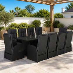 Outdoor 11-Piece Dining Set in Black Poly Rattan with Cushions
