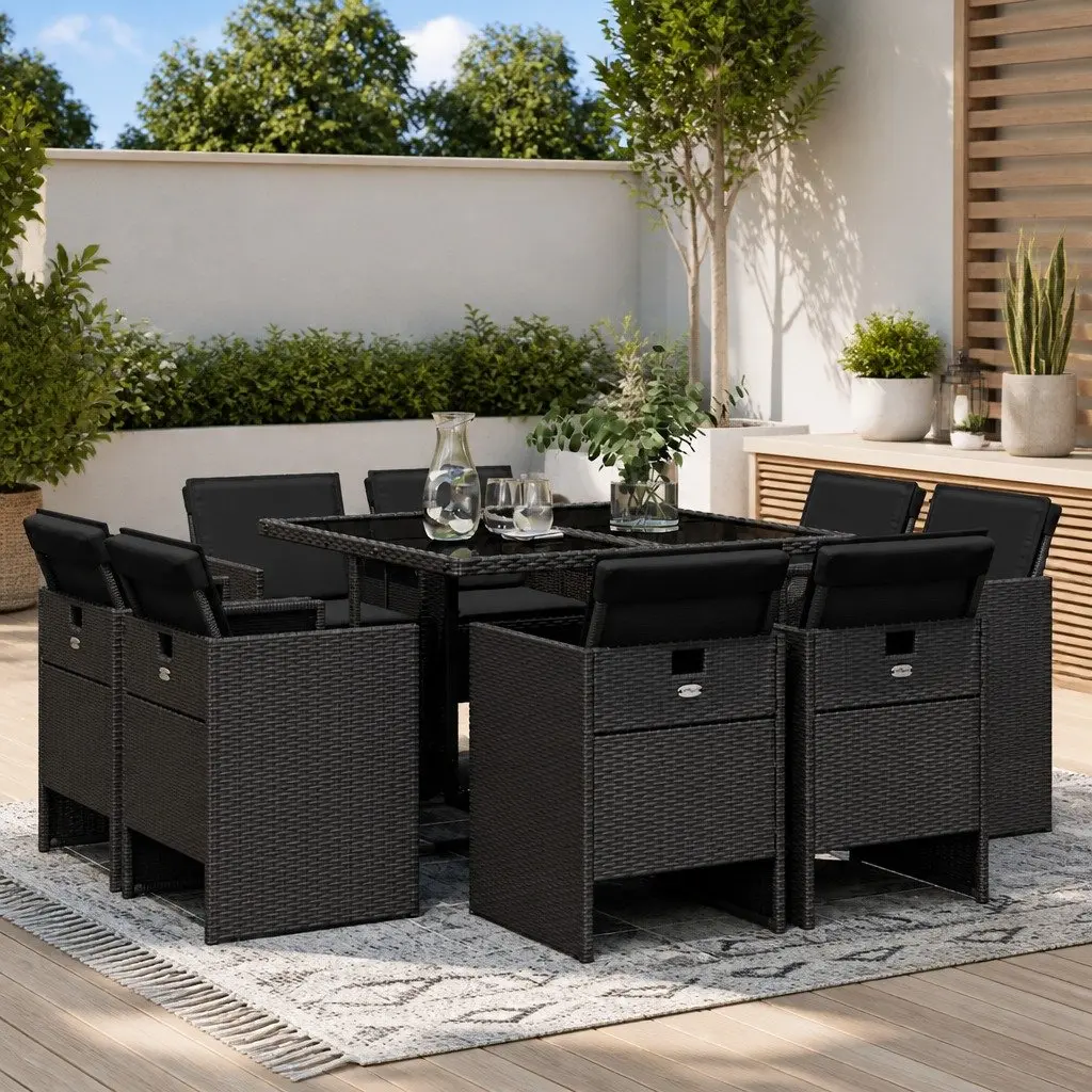 9 Piece Black Poly Rattan Garden Dining Set with Cushions and Tempered Glass Tabletop