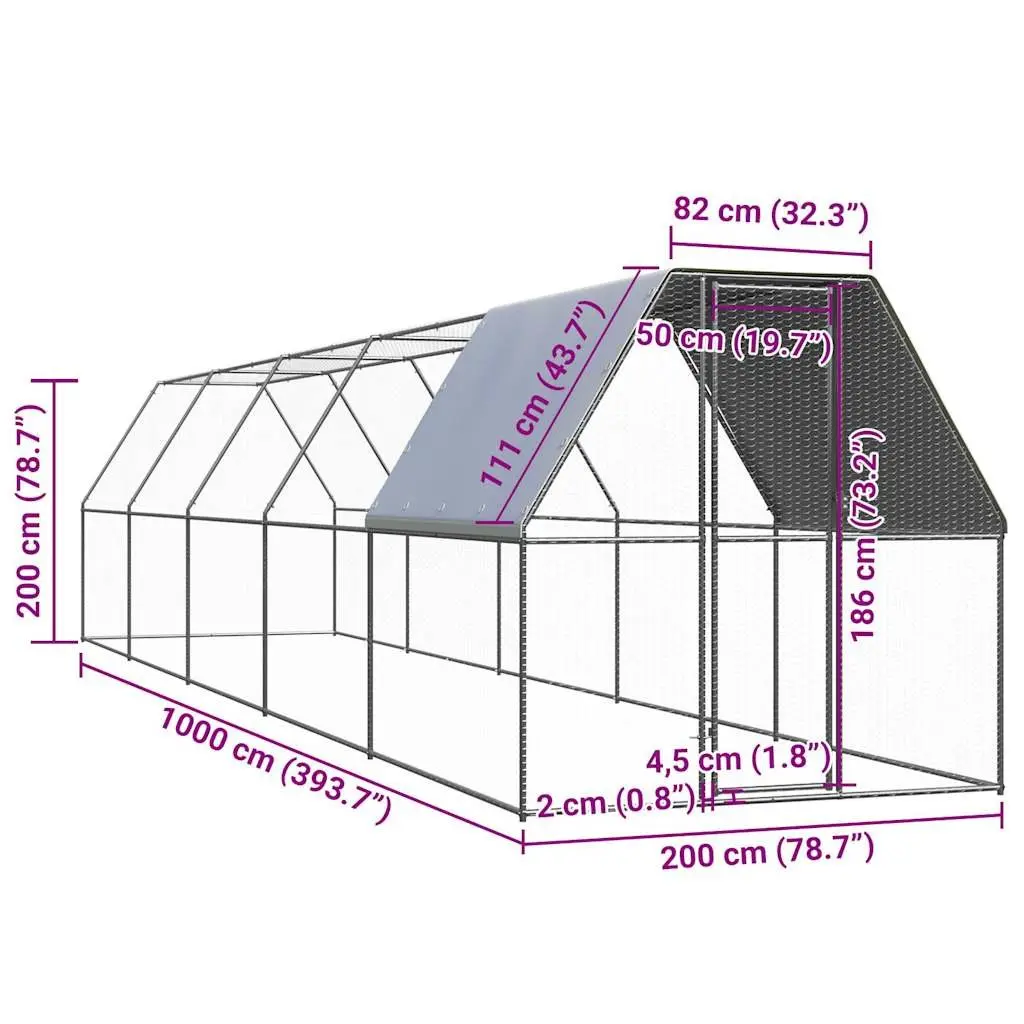 Chicken Cage 2x10x2m Galvanised Steel Walk-In Coop Outdoor Enclosure
