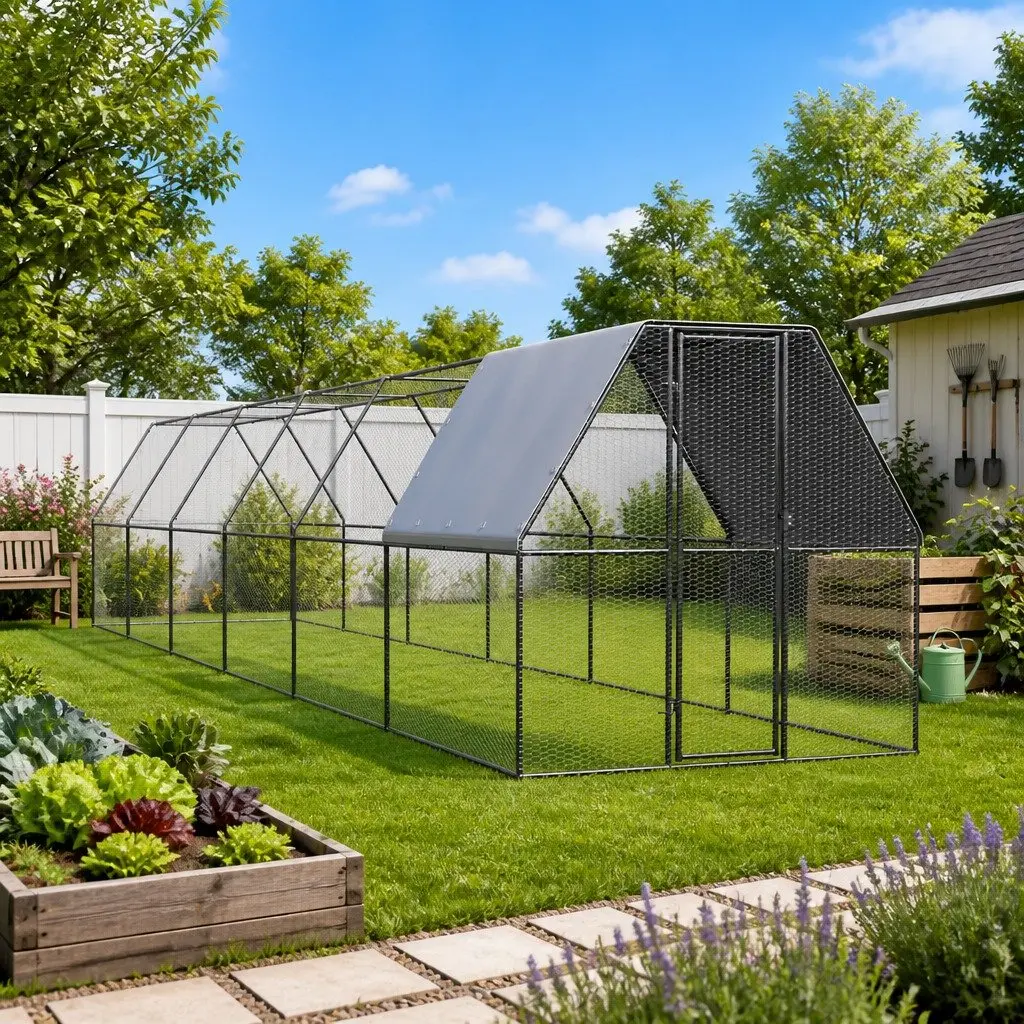 Chicken Cage 2x12x2 m Galvanised Steel Walk In Coop with Water Resistant UV Resistant Roof